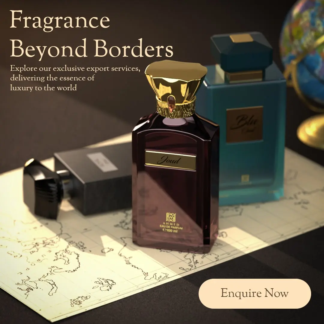 Ahmed Al Maghribi: imagen de marca con frasco ‘Joud’ y estuche, estética premium sobre mapa (uso catálogo profesional)