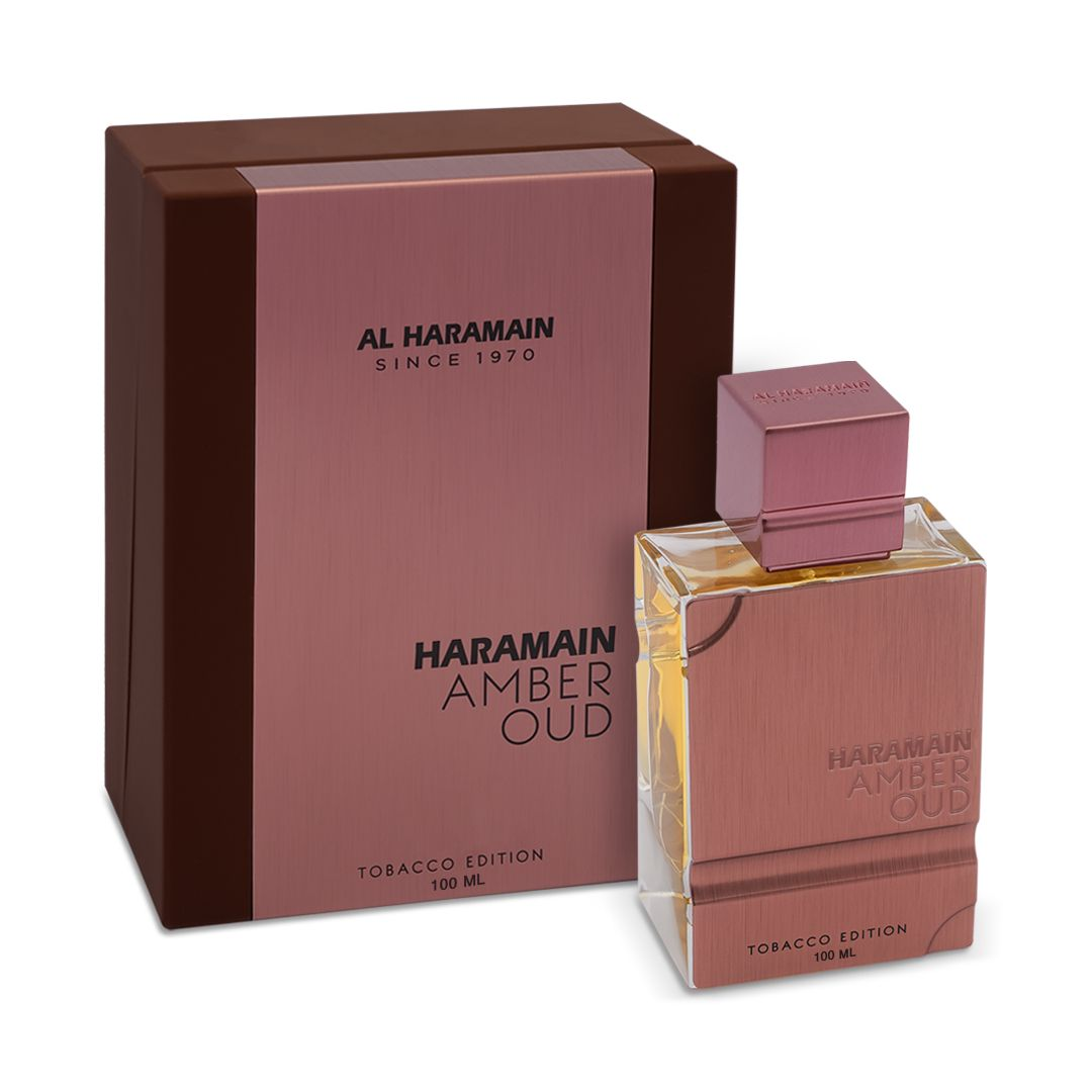 Al Haramain Amber Oud Tobacco Edition con frasco y caja (vista frontal)
