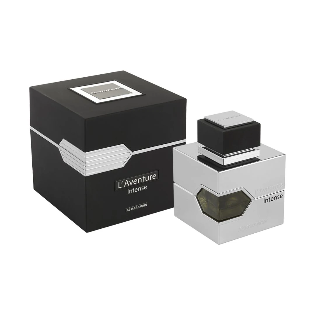 Al Haramain L’Aventure Intense con frasco y caja (vista frontal)