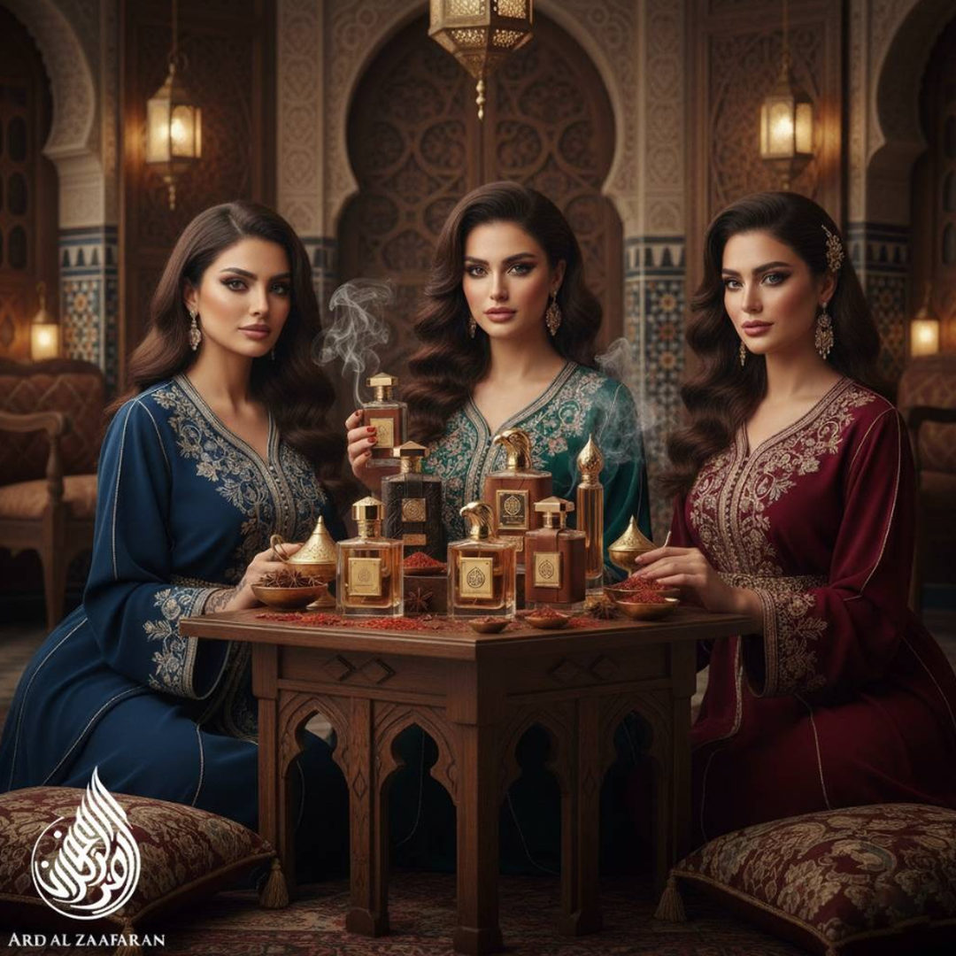 Colección de perfumes árabes Ard Al Zaafaran en ambiente oriental con frascos sobre mesa y especias (vista general)
