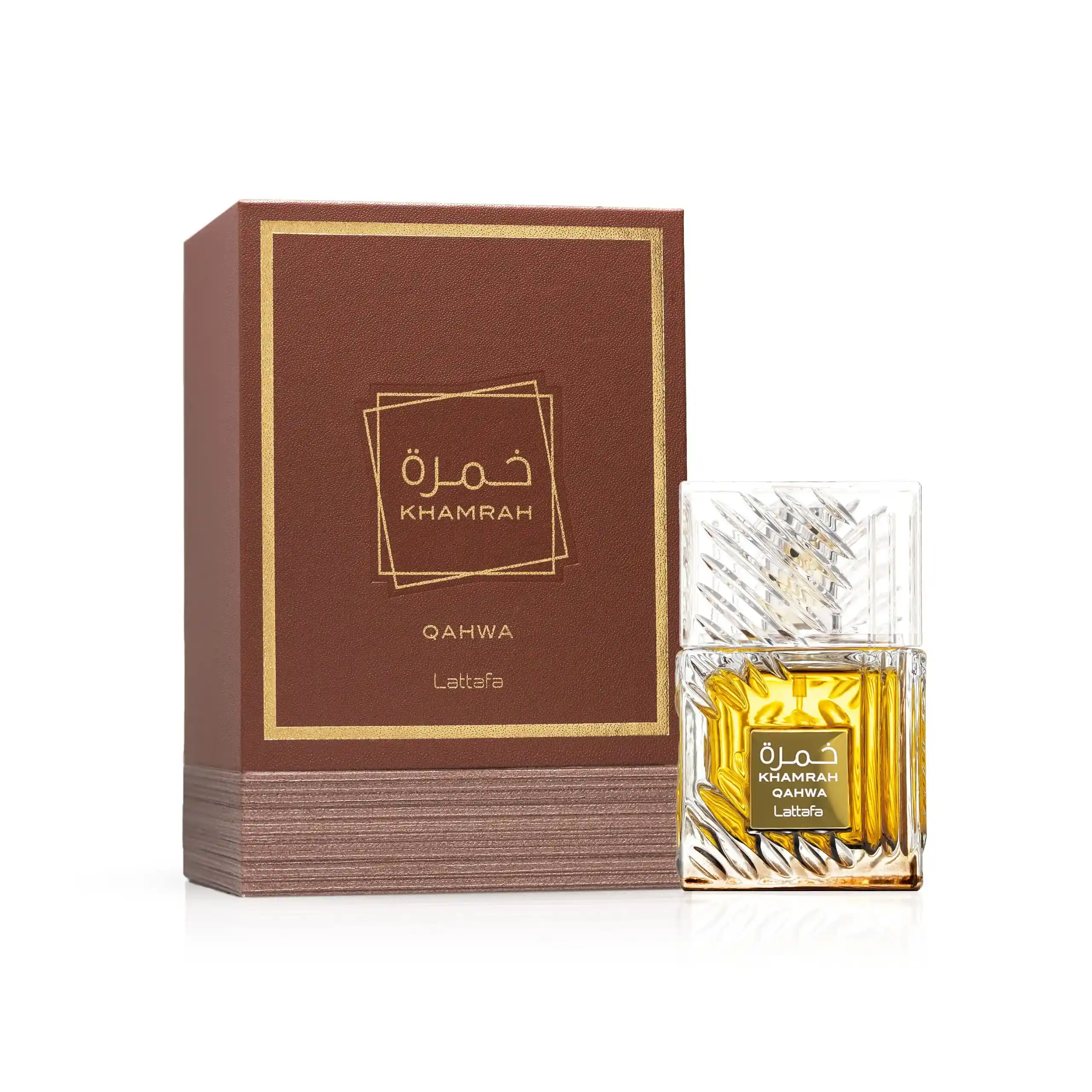 Lattafa Khamrah Qahwa perfume árabe frasco y caja vista frontal