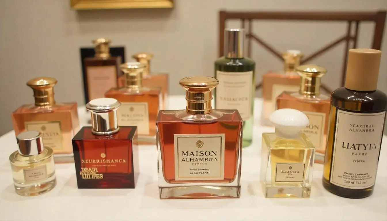 Colección de perfumes Maison Alhambra: frascos y estuches sobre fondo neutro (vista general)