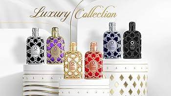 Orientica Luxury Collection: selección de frascos con estética premium en escena blanca y dorada (imagen de marca)
