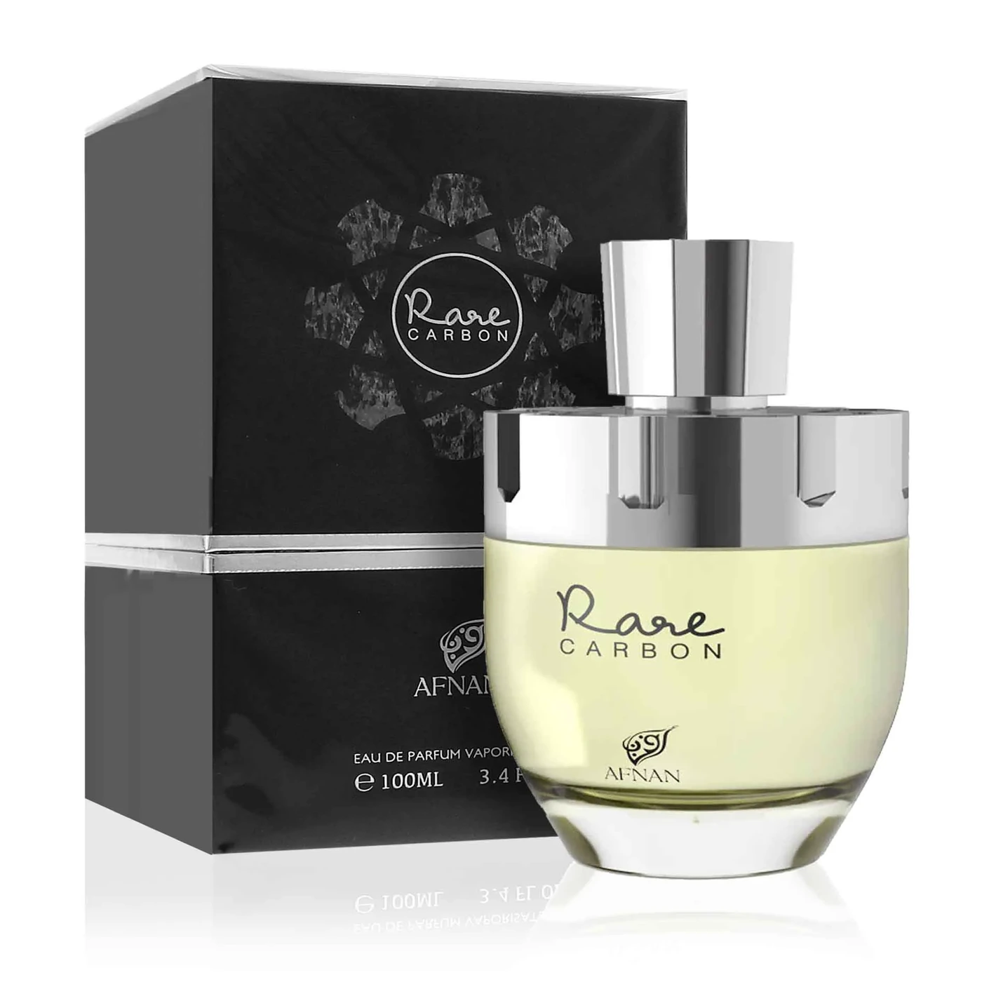 Afnan Rare Carbon con frasco y caja (vista frontal)