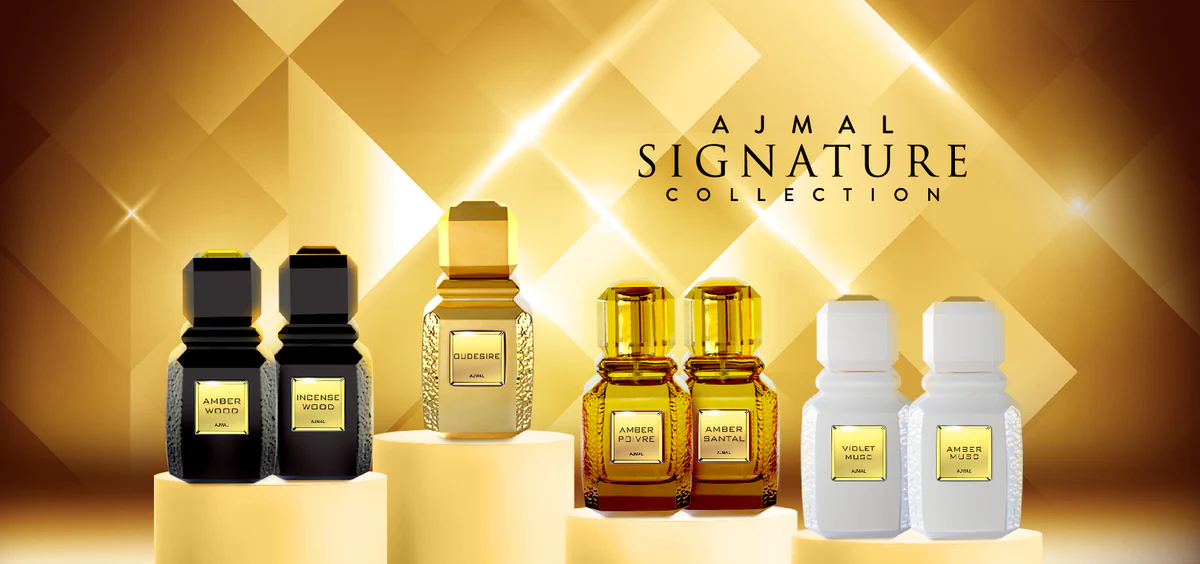 Ajmal Signature Collection: banner con seis frascos de perfumes árabes sobre fondo dorado (vista general)