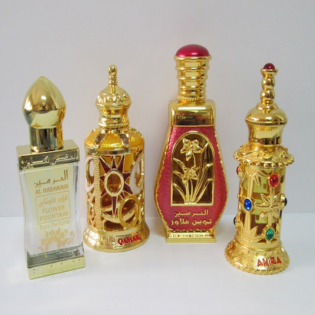 Selección de perfumes árabes Al Haramain – frascos y aceites perfumados (vista general)